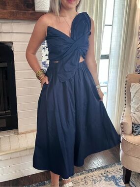 Twist-Front One-Shoulder Navy Midi Dress